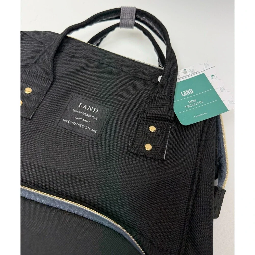 LAND Mommy & Baby Diaper Bag Backpack Black Maternity Tote Multi Pocket NWT